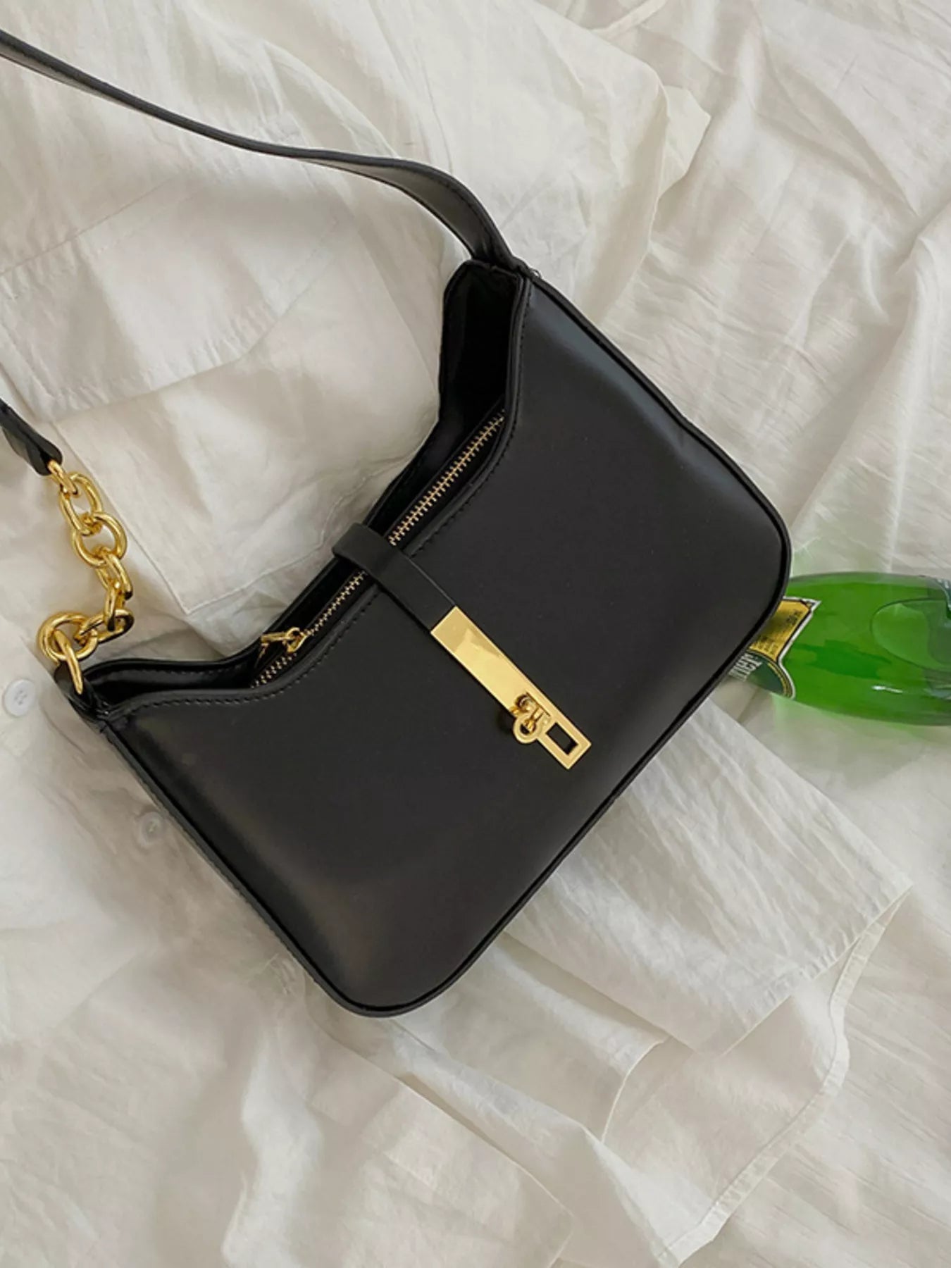 Golden Buckle Shoulder Bag, small black PU with gold hardware and chain strap