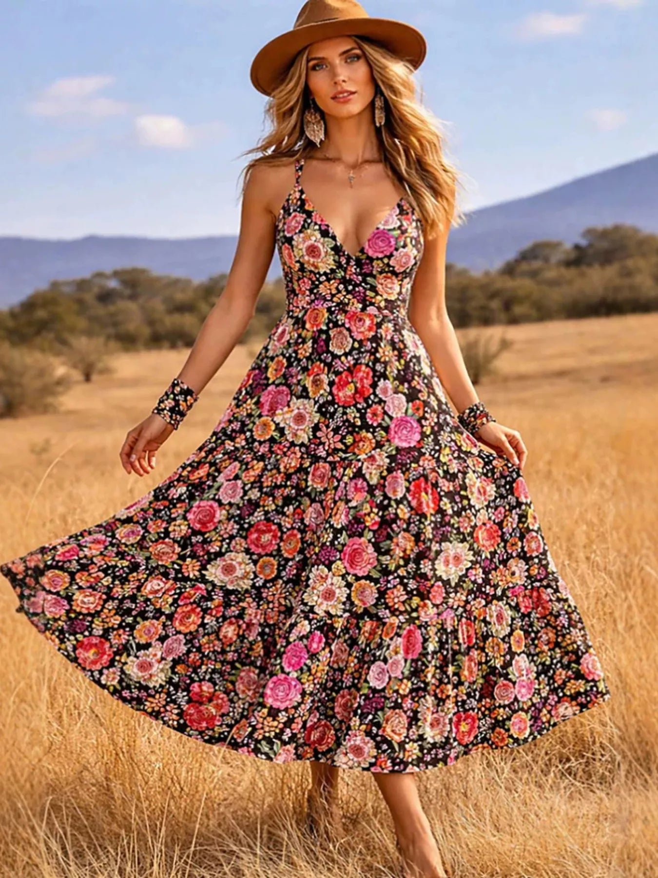 Floral print V-neck midi dress with sleeveless bodice and tiered full skirt, dark base.