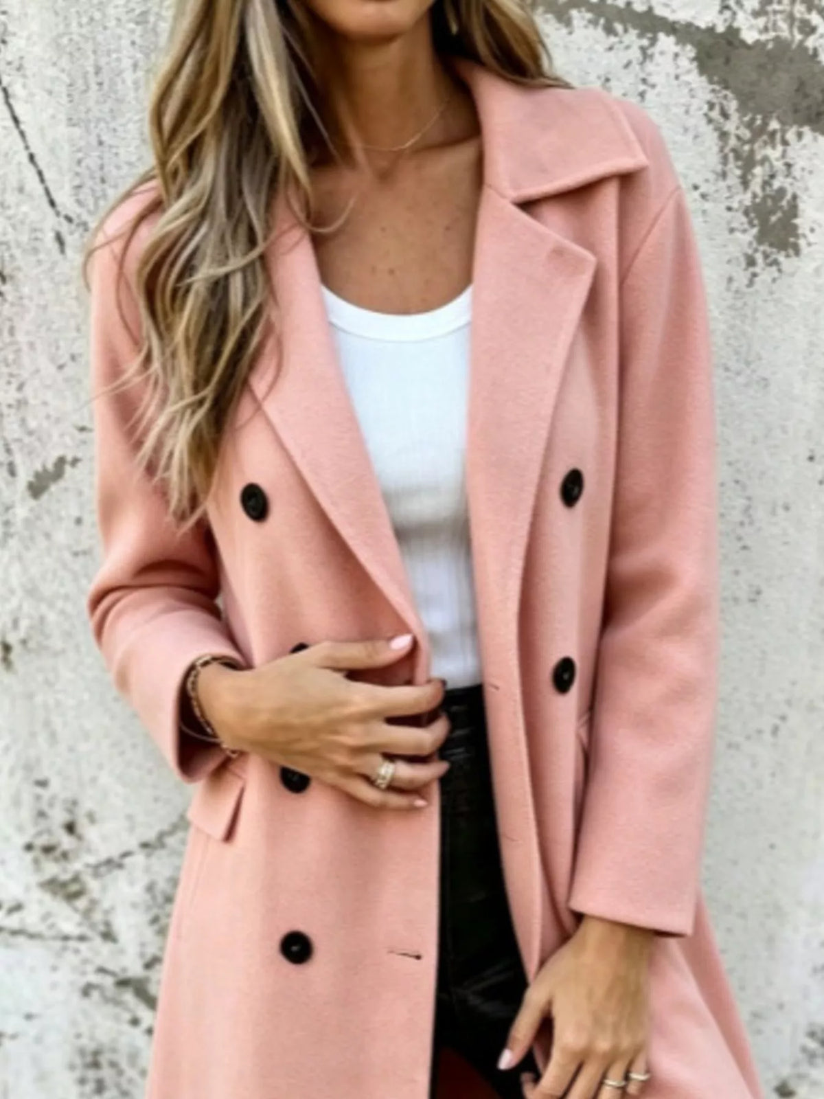 Pink double-breasted lapel collar coat with long sleeves and button front