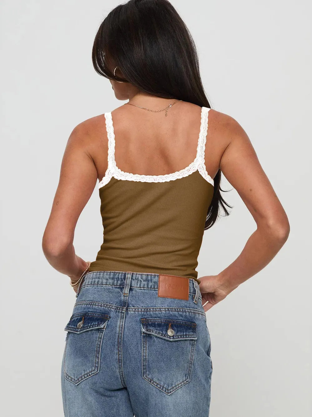 Olive cropped cami with white lace-trim straps and lace back neckline