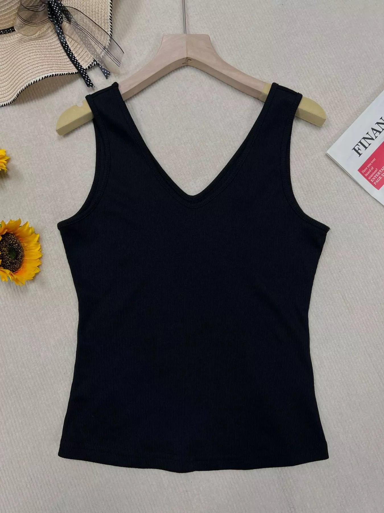 Cedar & Moore V-Neck Slim Fit Tank, black ribbed knit, Trendsi