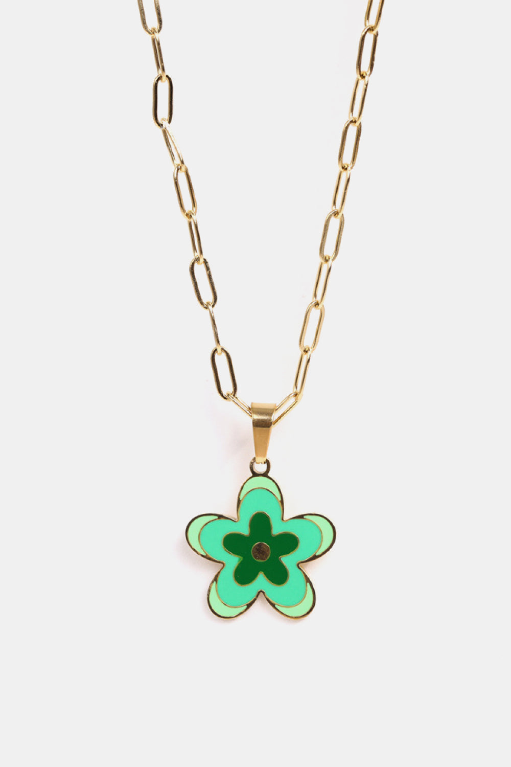 Gold-tone flower pendant necklace with green enamel five-petal flower charm