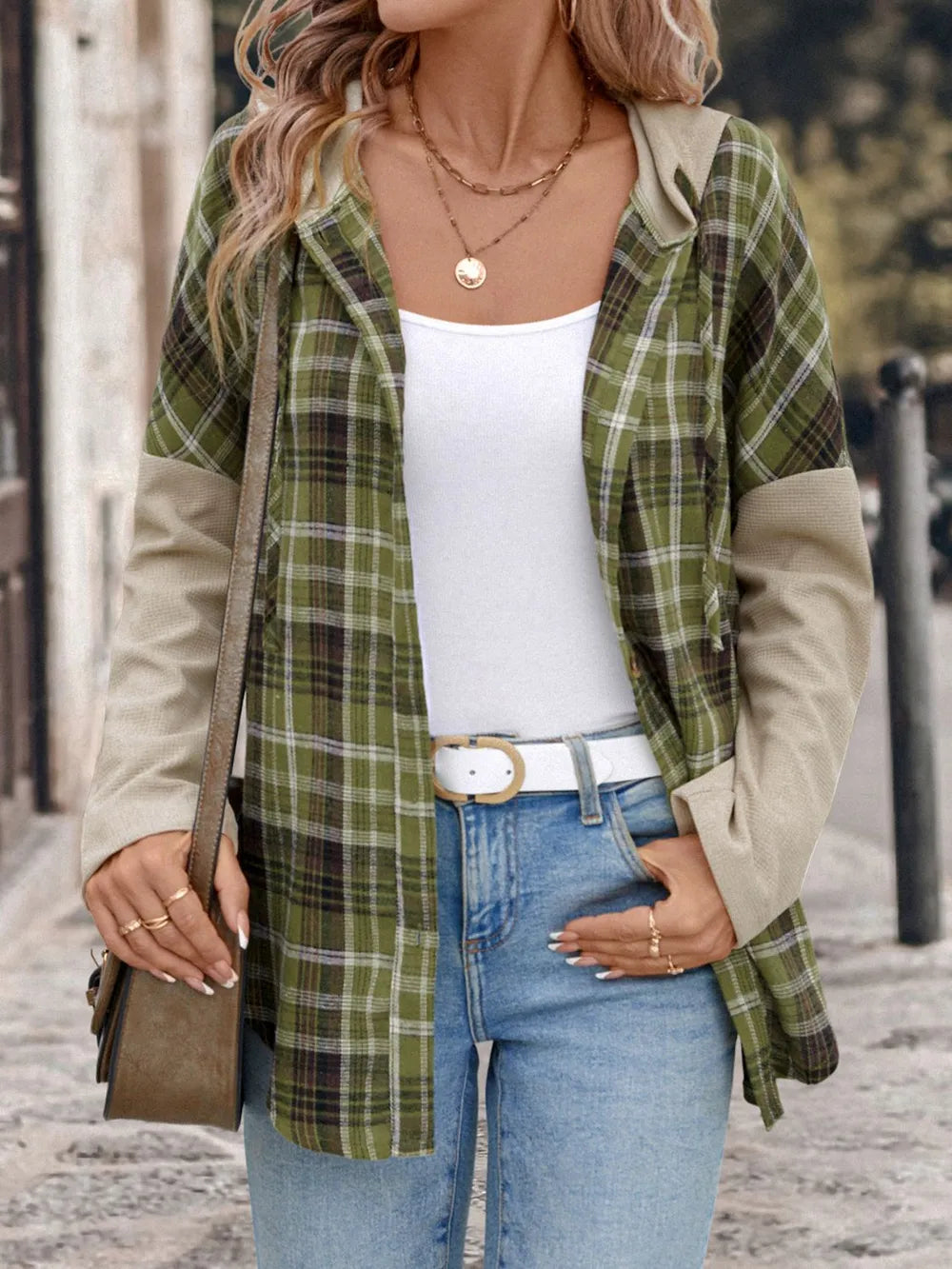 Plaid hooded long-sleeve shirt with button front, green check, beige sleeve accents, pockets