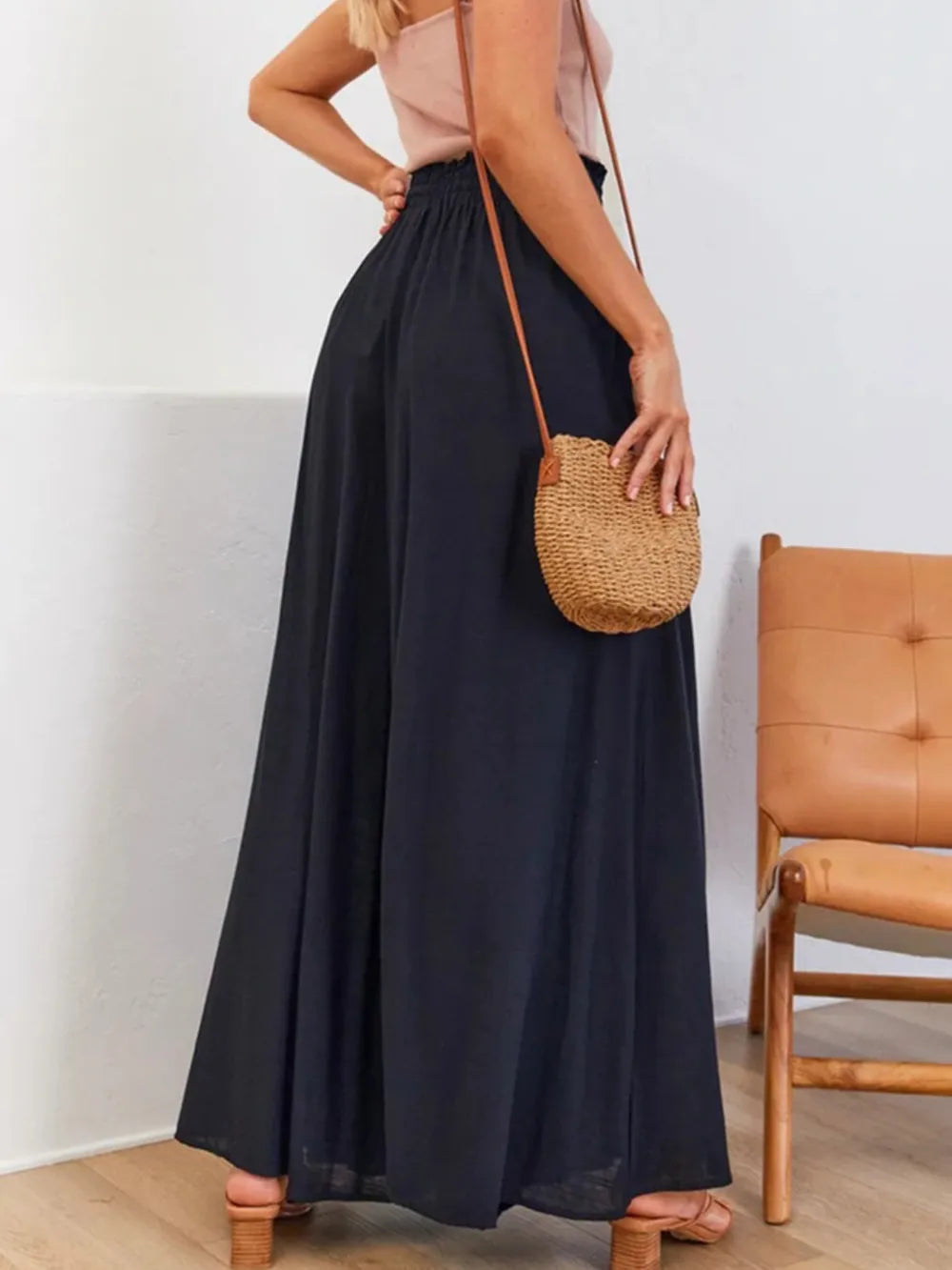 High waist wide leg pants in dark navy with elastic drawstring waist and wide hem