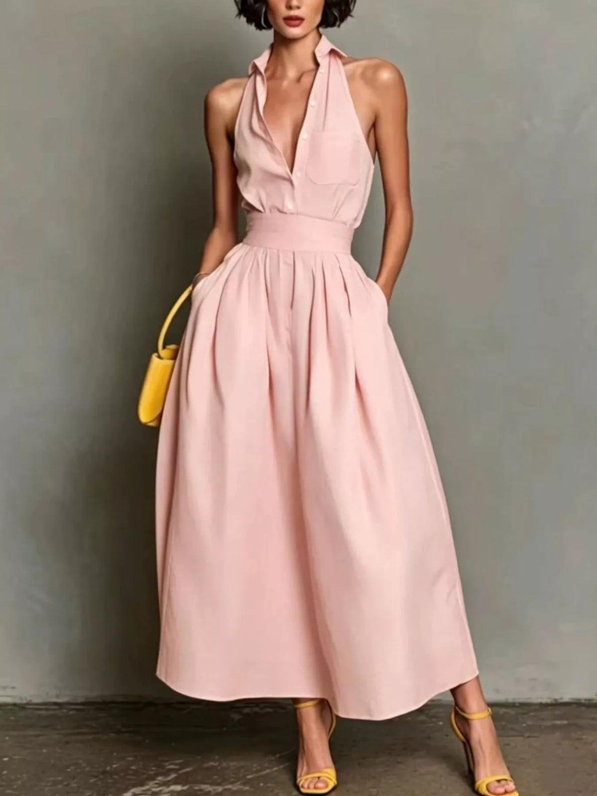 Dusty pink sleeveless collared A-line midi dress with pocket and button placket