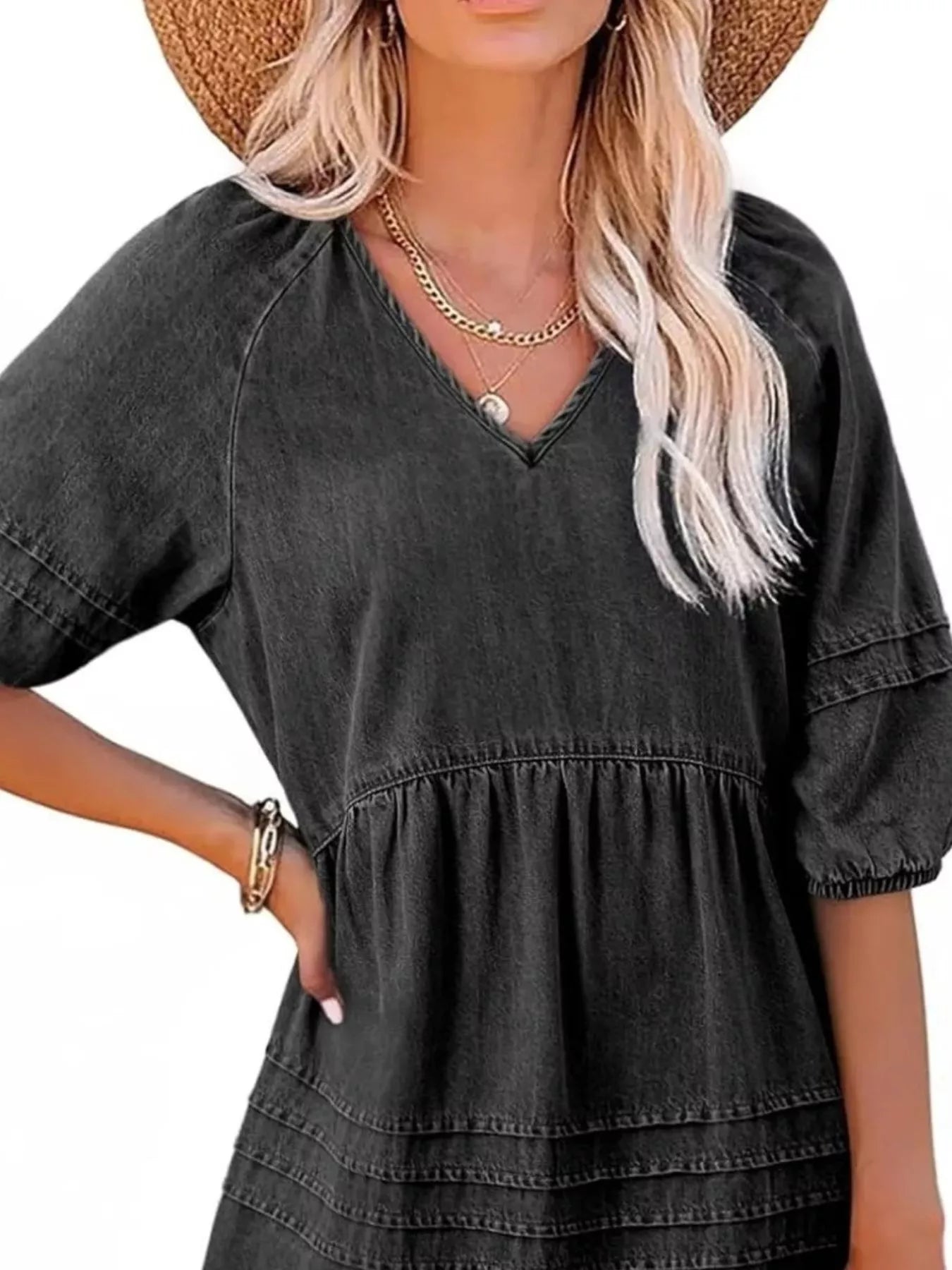 Cedar & Moore Casual V-Neck Puff Sleeve Denim Mini Dress in black denim