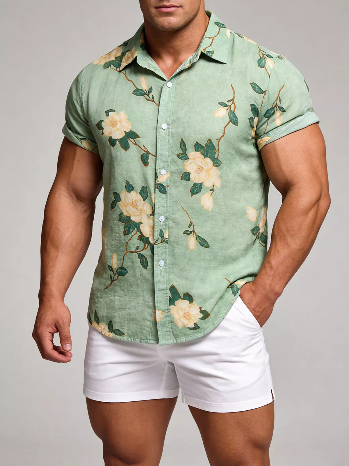 Light green floral print short-sleeve button-up shirt with pointed collar