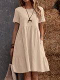 Cedar & Moore Full Size Casual Loose Fit Tiered Ruffle Hem Dress Plus Size beige