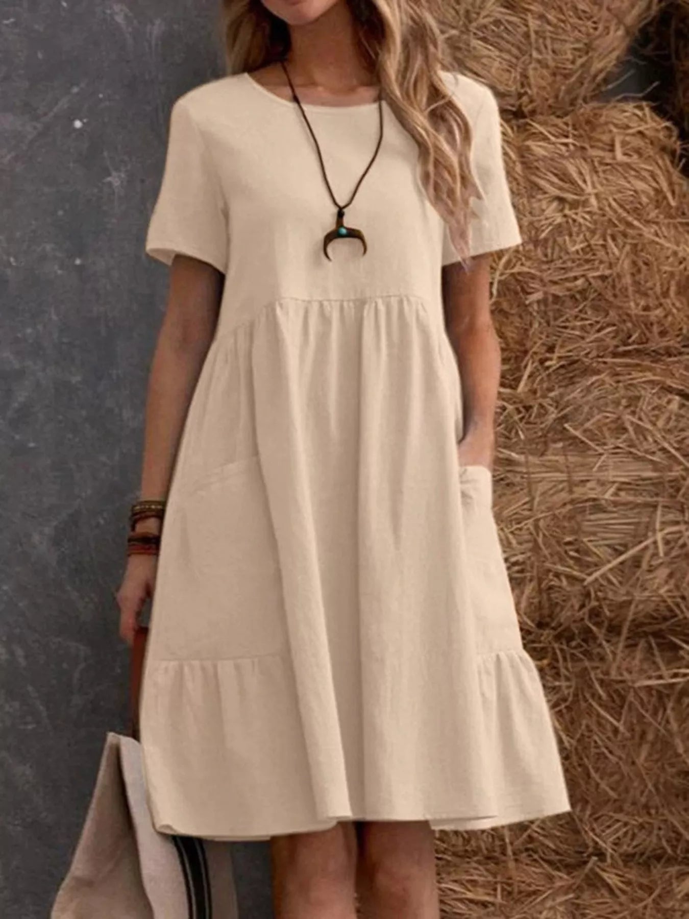 Cedar & Moore Full Size Casual Loose Fit Tiered Ruffle Hem Dress Plus Size beige