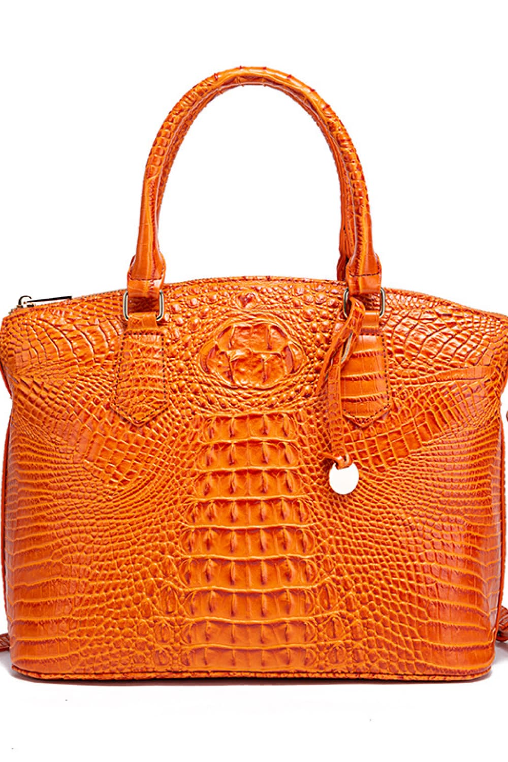 Croc-embossed vegan leather handbag in orange with top handles and front emblem