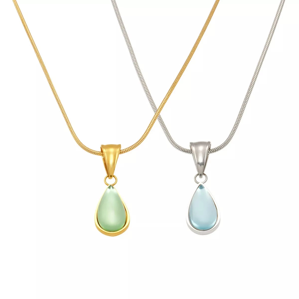 Gold and silver teardrop necklaces with green and blue glass pendants