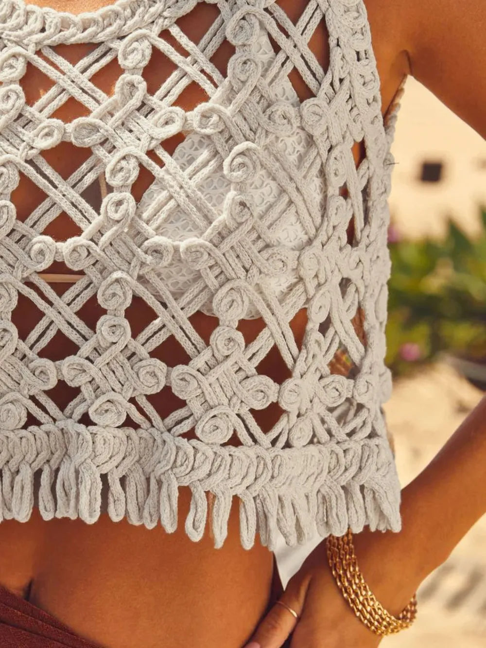 Off-white crochet lattice tank top front with loop details and fringe hem