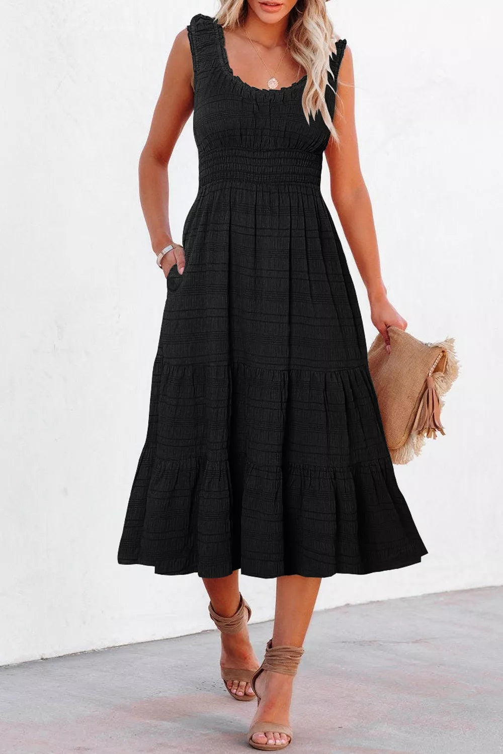 Cedar & Moore Sleeveless Smocked Tiered Dress with Pockets in black by Trendsi