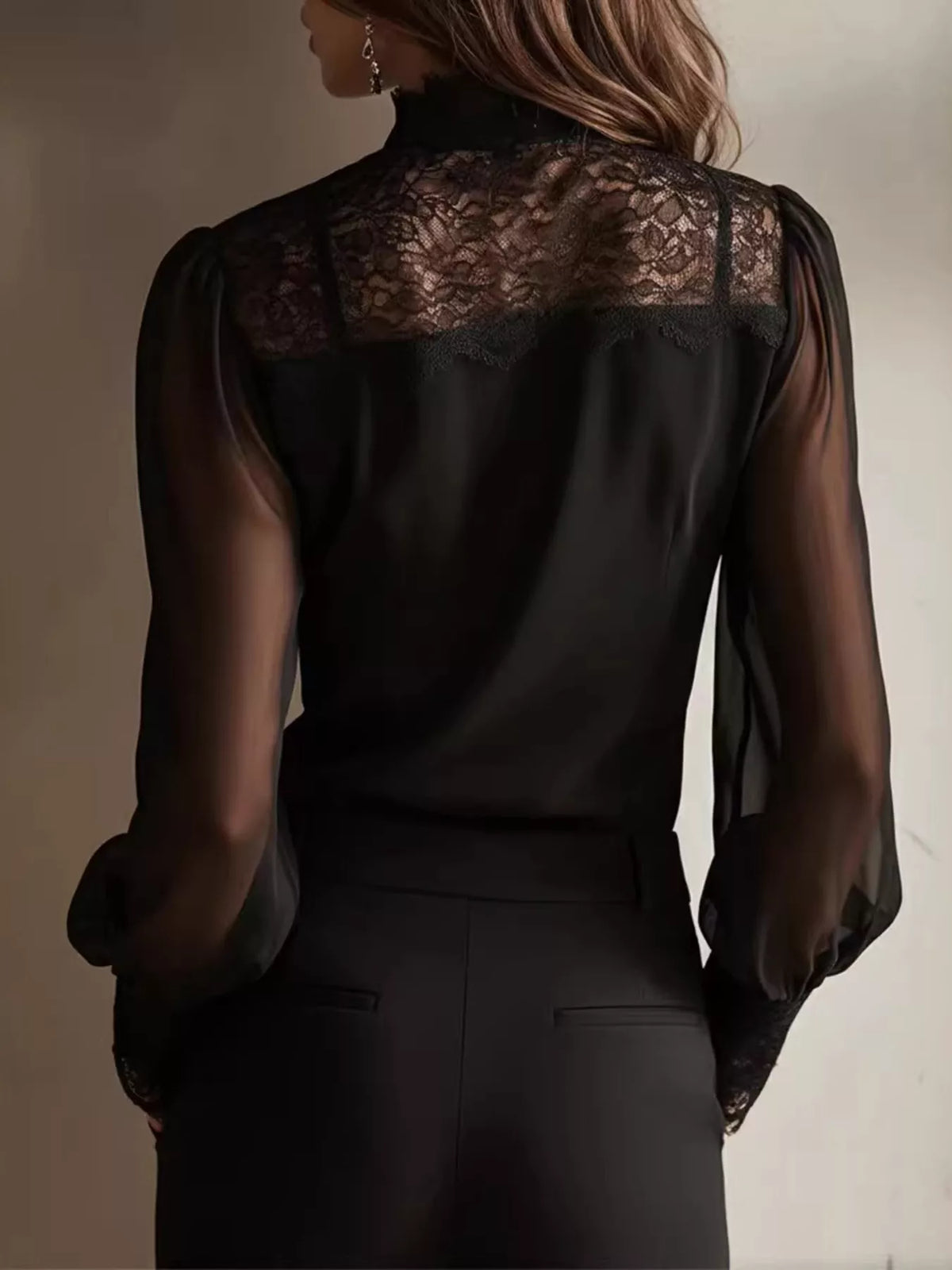 Black sheer long-sleeve blouse back with lace yoke detail