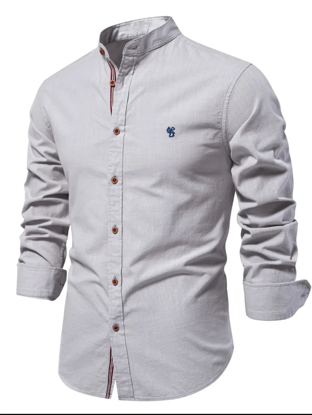 Men's light gray button-down shirt with embroidered chest logo and button placket
