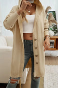 Tan hooded long cardigan with button front and ribbed knit long sleeves.