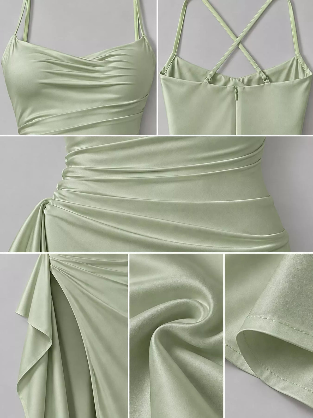 Light green satin ruched bodice and draped skirt with high side slit