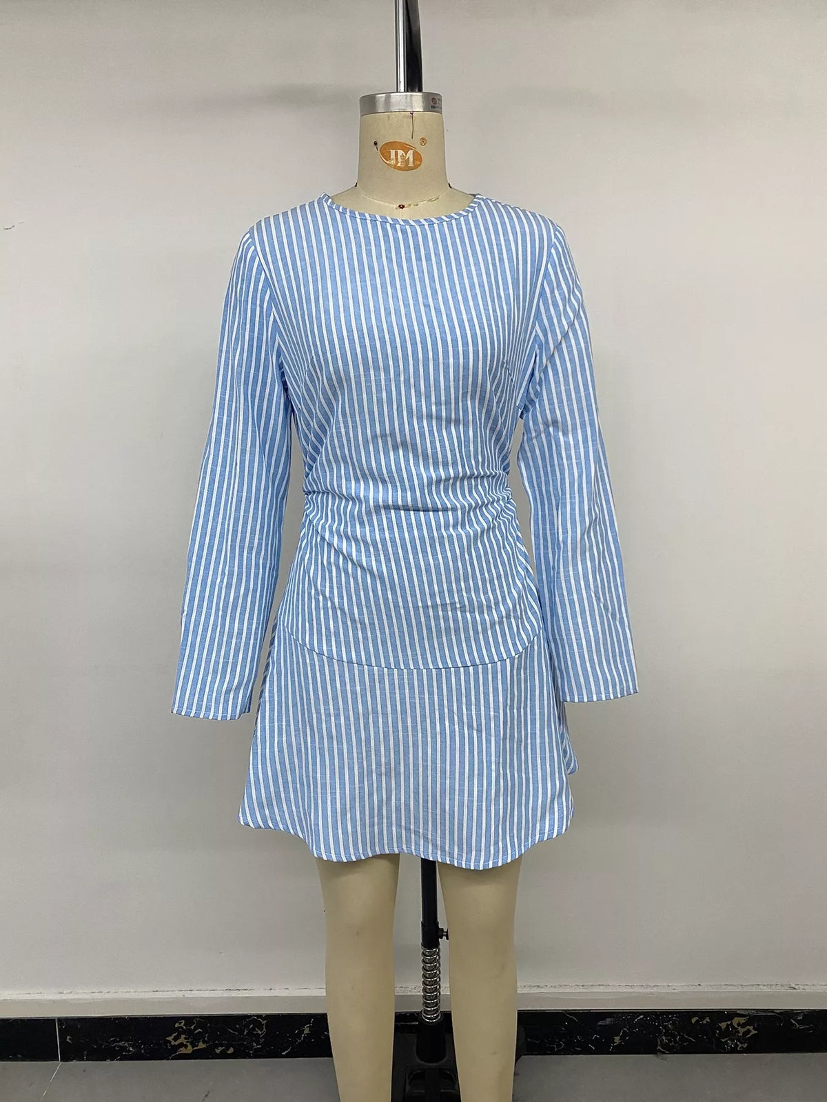 Blue striped ruched long-sleeve mini dress with gathered waist