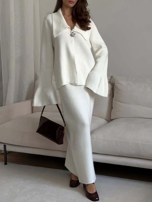 Milky white knit cardigan with pointed collar, button front, and straight matching skirt