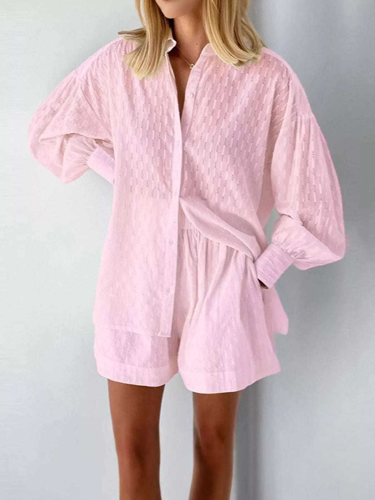 Pink textured cotton button-down shirt and shorts set with long sleeves