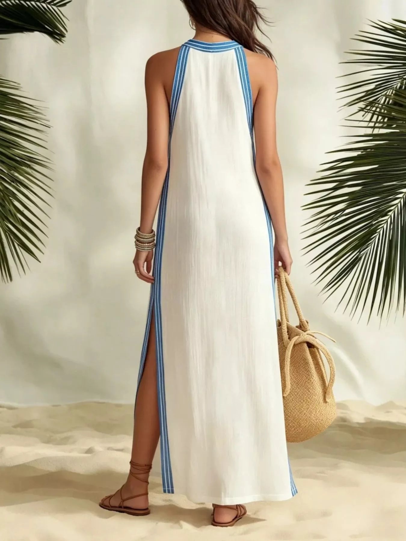 Striped sleeveless split maxi dress, white with blue vertical trim stripes