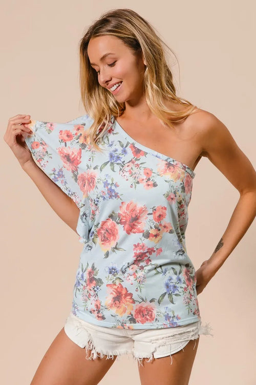 Floral printed jersey top in light blue with one-shoulder ruffle sleeve