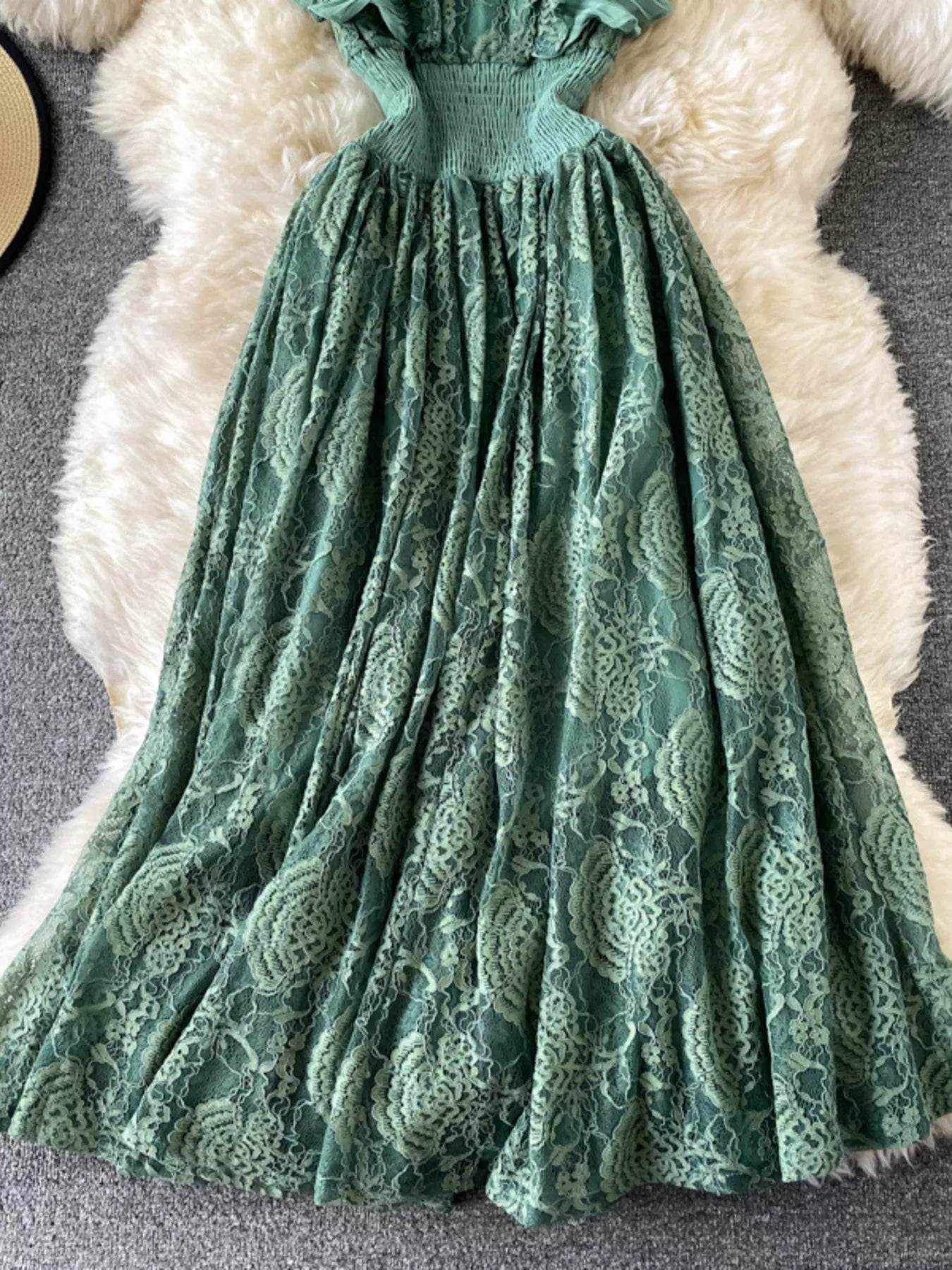 Cedar & Moore Trendsi green lace maxi dress with mock-neck, smocked waist, and ruffled skirt