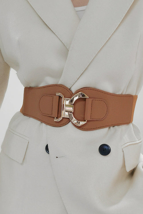 Caramel elastic belt with silver-tone alloy buckle and square keeper tab