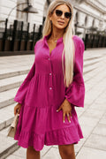Deep rose button-front tiered flare-sleeve dress, V-neck, long puff sleeves