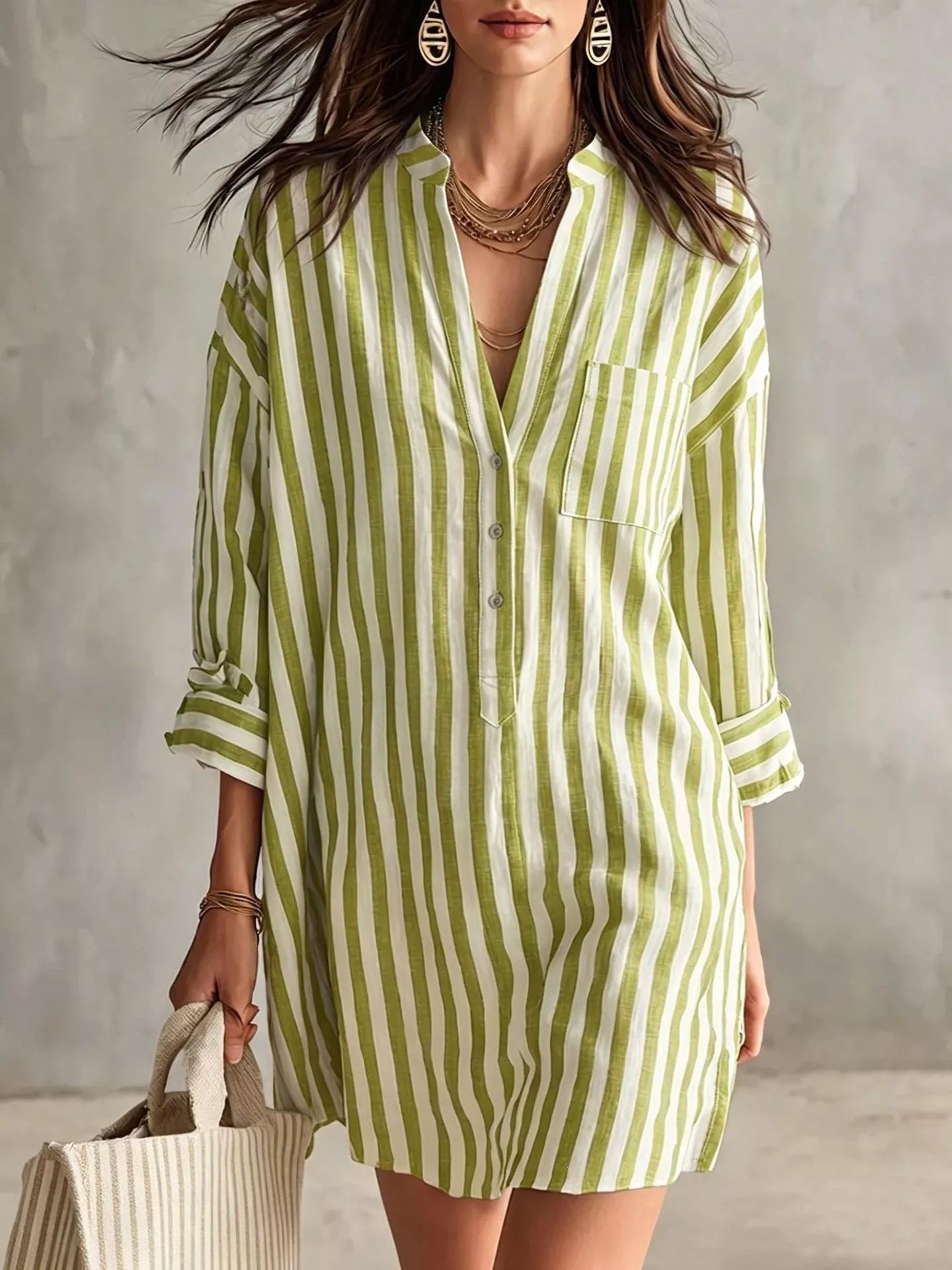 Green striped shirt dress with button front, collar, 3/4 sleeves, chest pocket