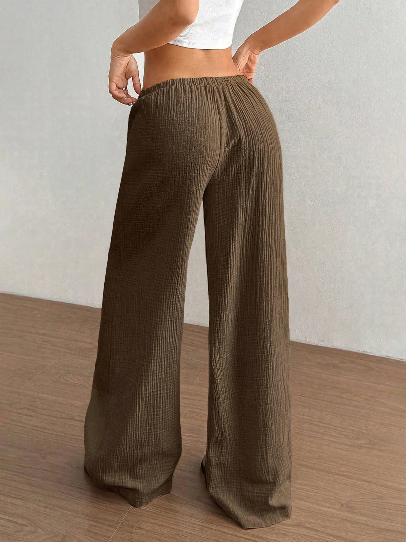 Mocha brown wide-leg drawstring pants with gathered elastic waist