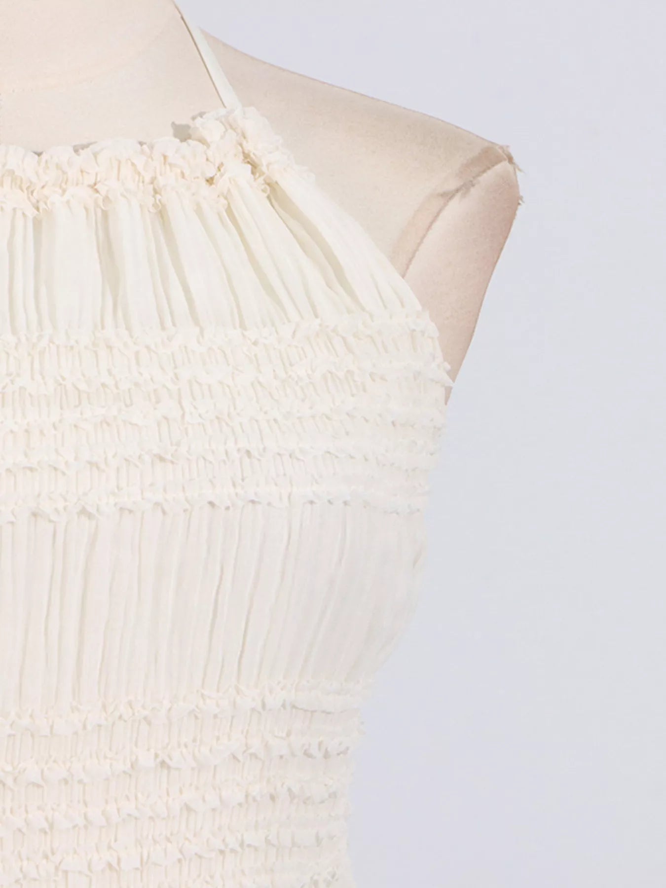 Cedar & Moore Ruched Halter Neck Maxi Dress in cream with smocked bodice and tied neckline