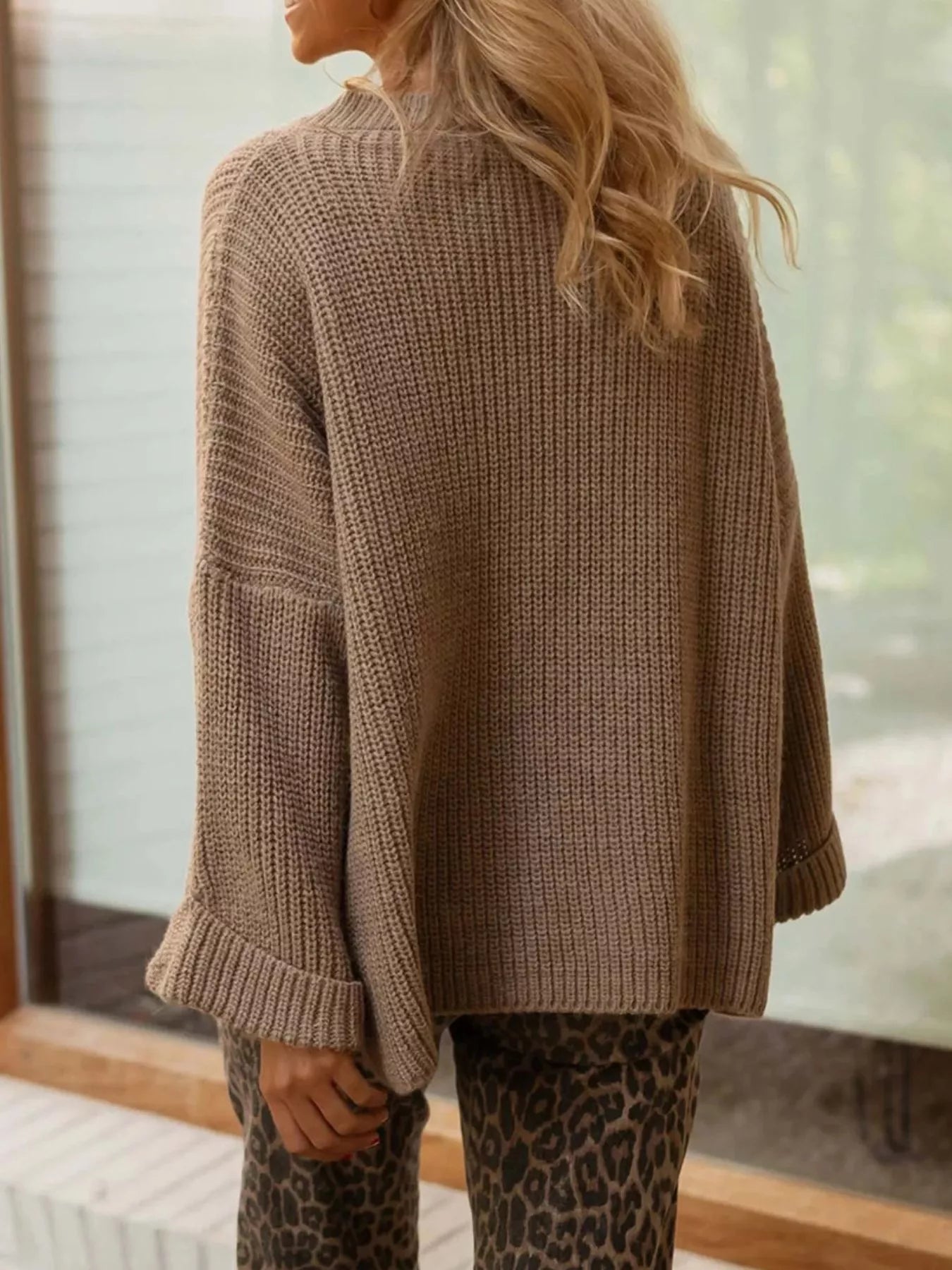 Asymmetrical button-detail sweater in khaki, long sleeves and ribbed neckline