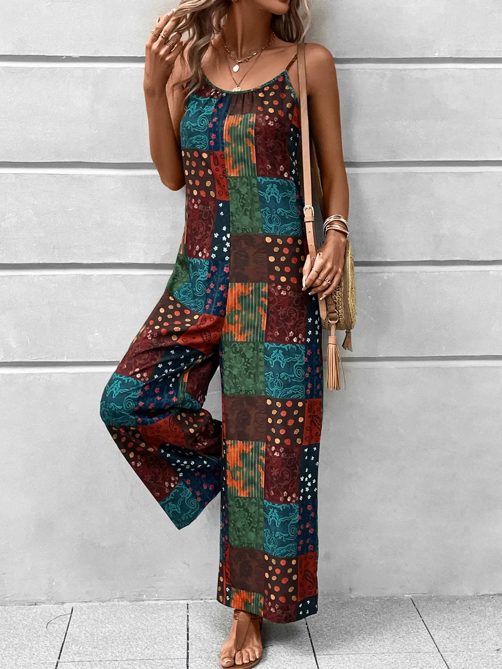 Multicolor patchwork printed jumpsuit with scoop neck, spaghetti straps, wide-leg