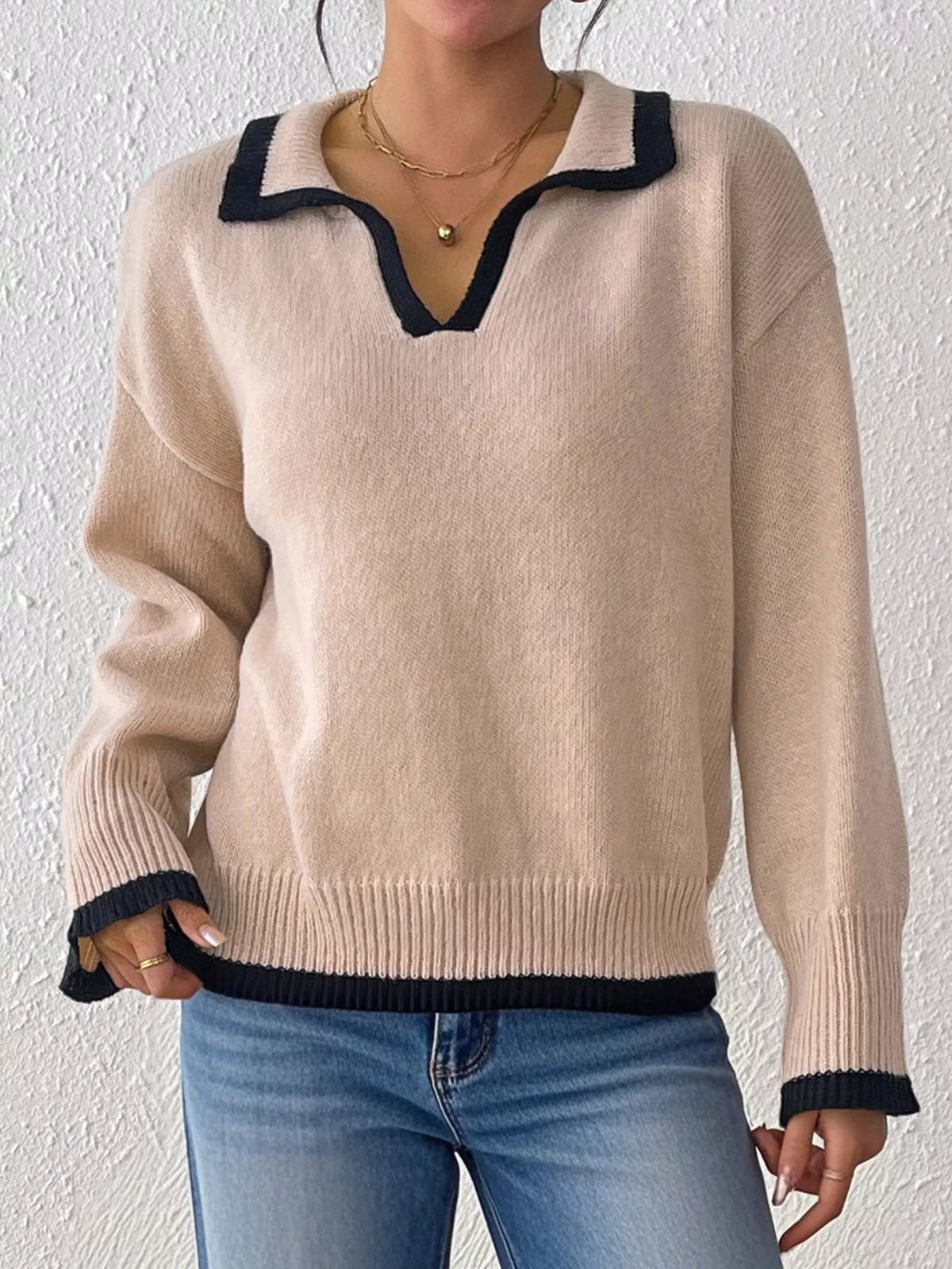 Beige/khaki stretch sweater with contrast-trim polo collar and ribbed cuffs, long sleeves