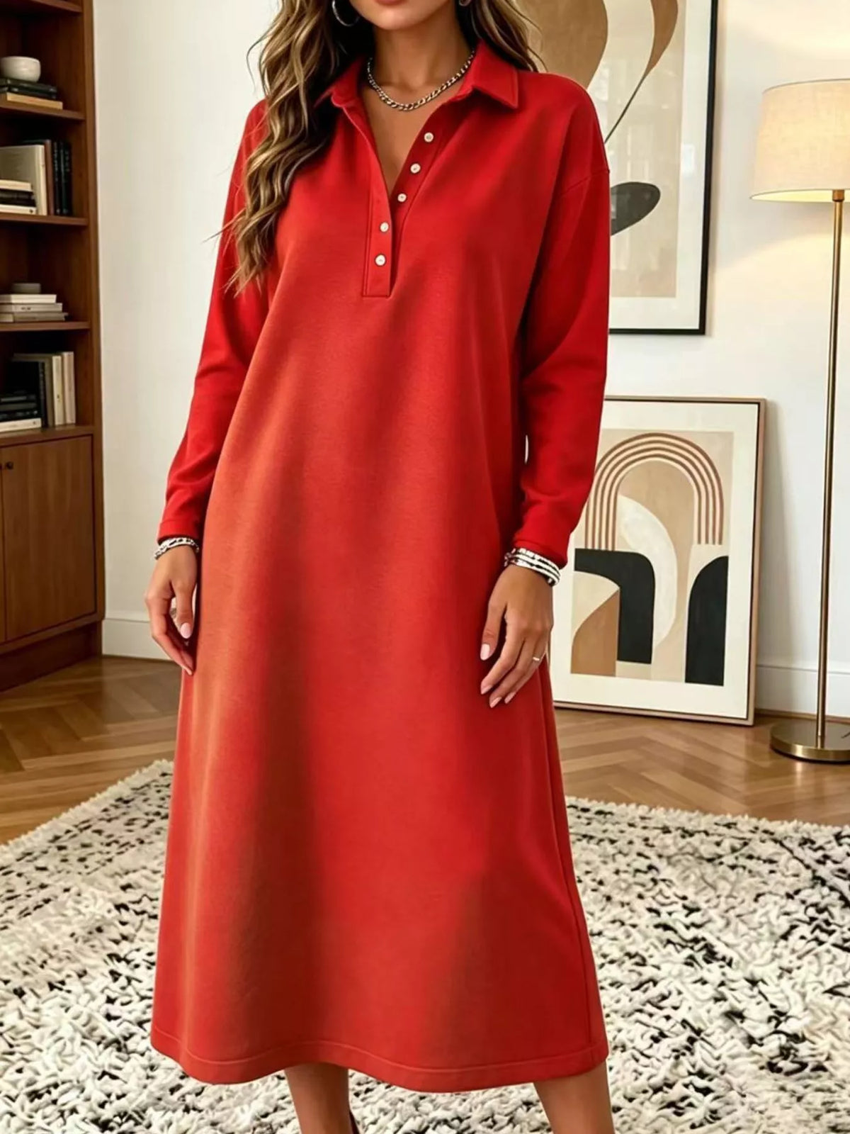 Red polo midi dress with long sleeves, buttoned placket and collared neckline
