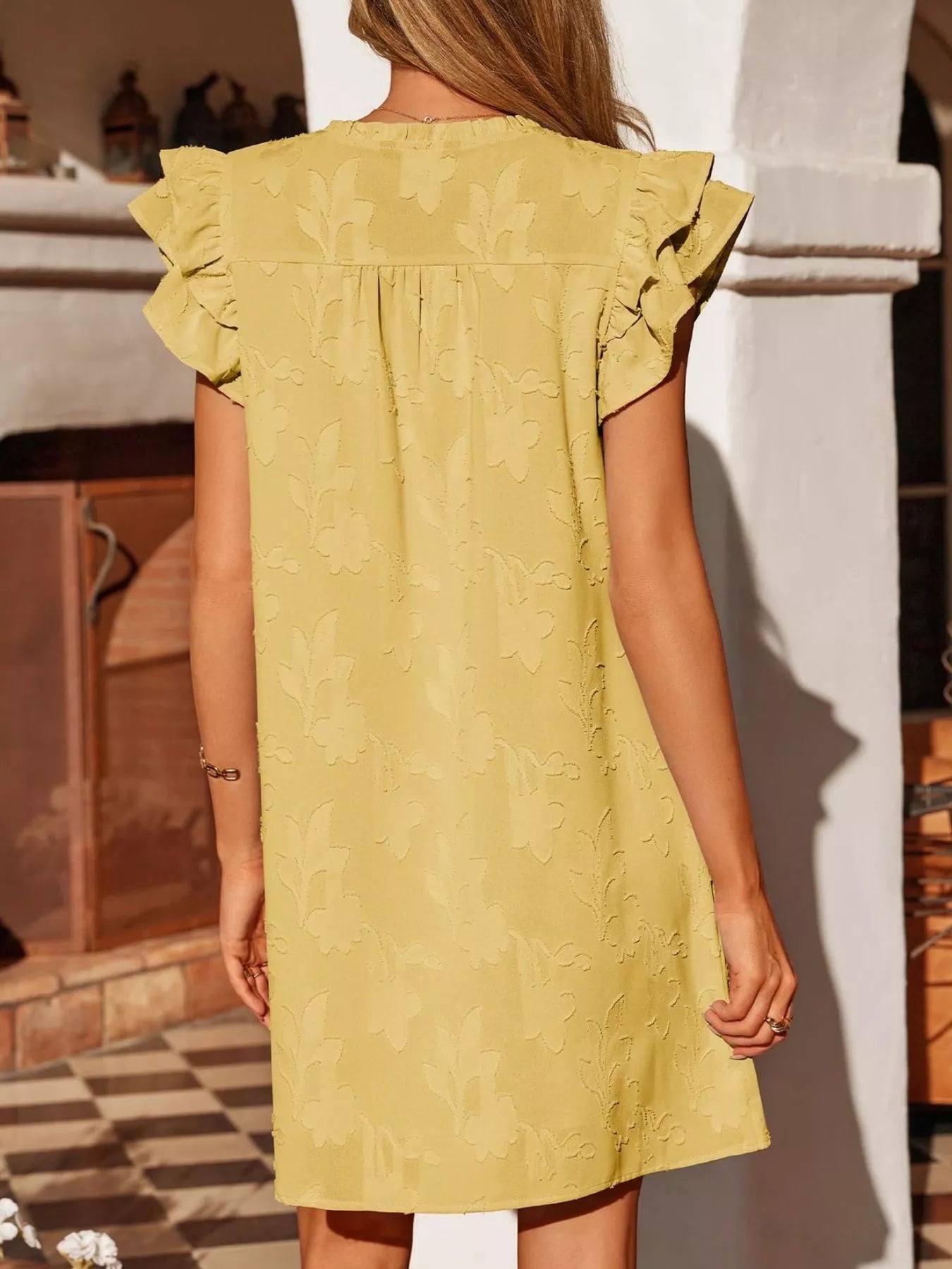 Trendsi floral embossed ruffle-sleeve mini dress in pale yellow