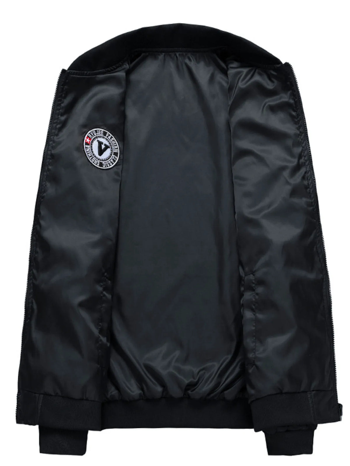 Men's black bomber jacket inner lining with small circular logo patch