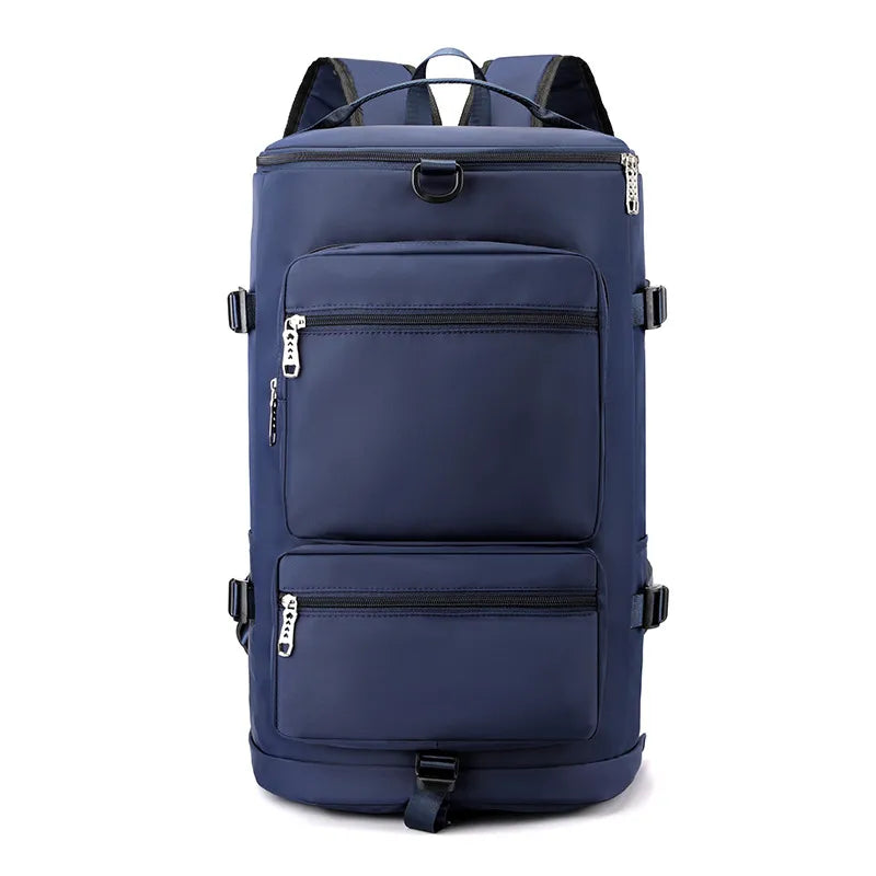 Large travel backpack with two front zip pockets and top handle, navy blue