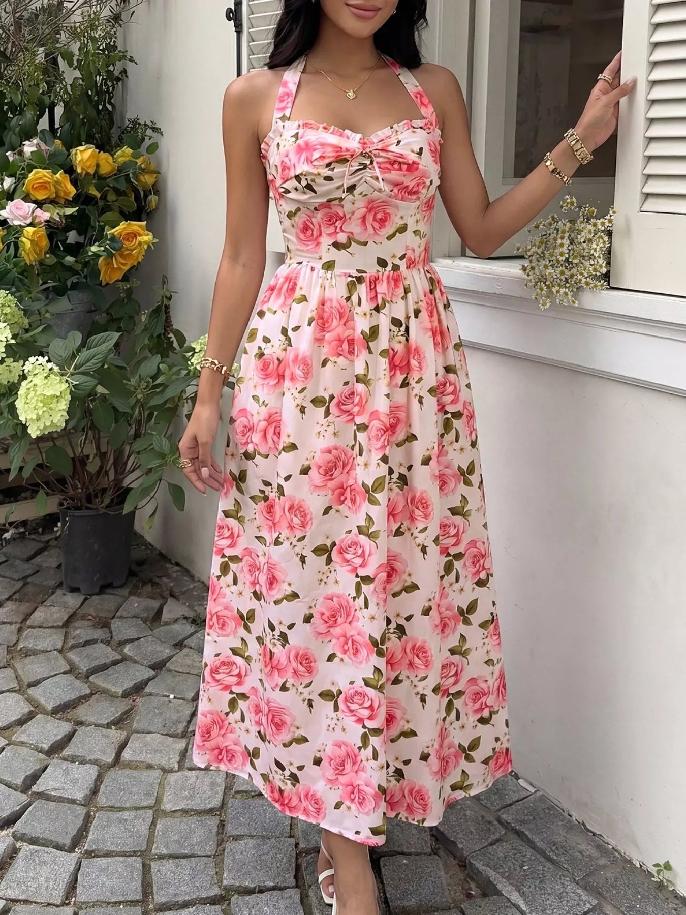 Cedar & Moore Floral Print Halter Neck Midi Dress with pink rose pattern, smocked bodice, and front tie