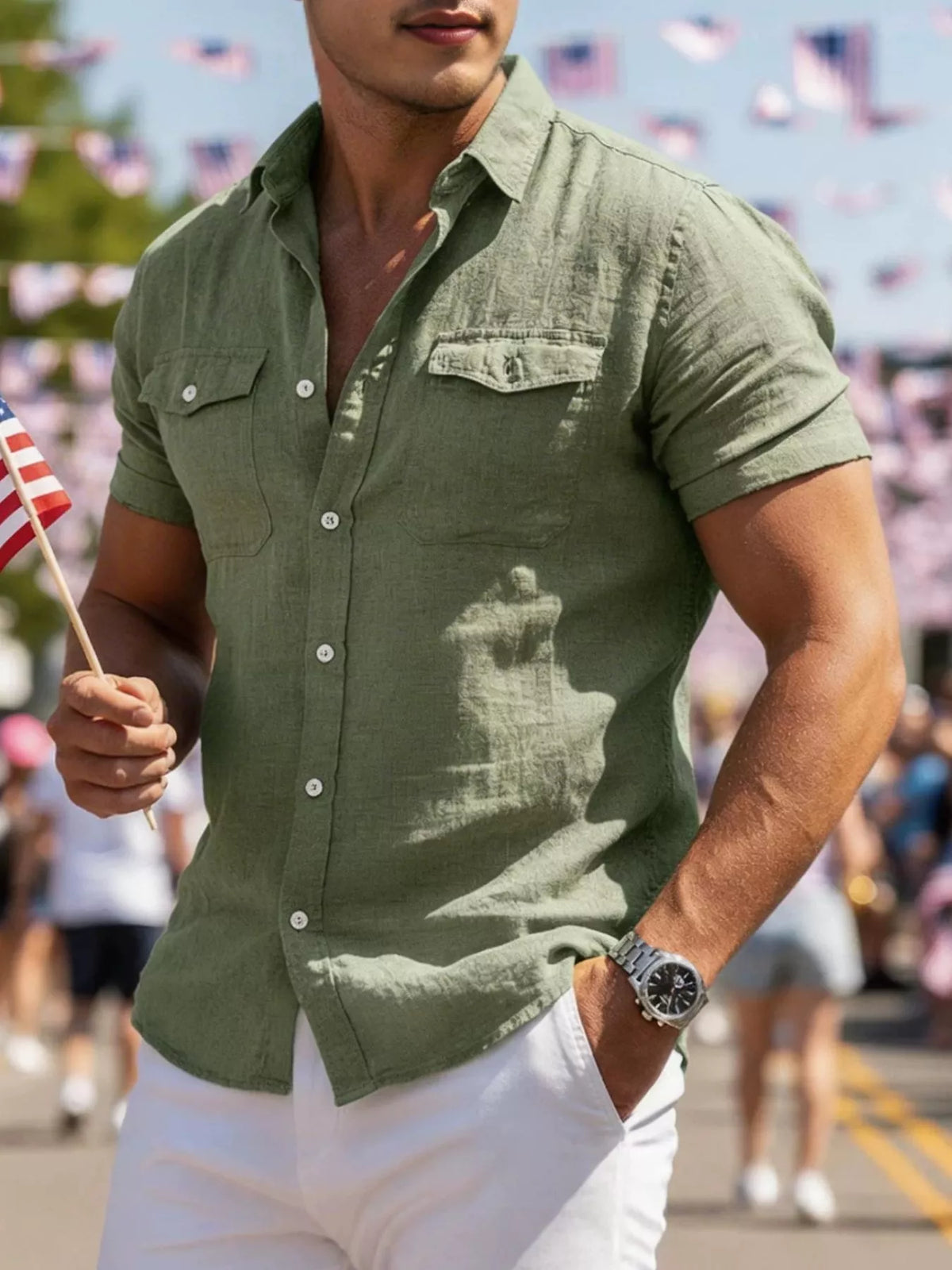Men's army green short-sleeve button-up cotton pocket shirt with front buttons