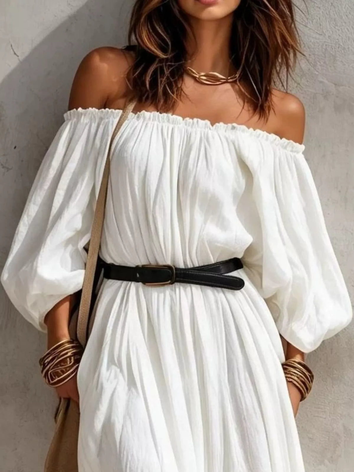 White off-shoulder maxi dress with waist belt, gathered neckline, billowy sleeves
