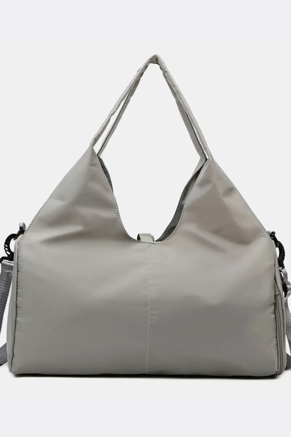 Waterproof travel tote bag in light gray with rounded top handle and side straps.