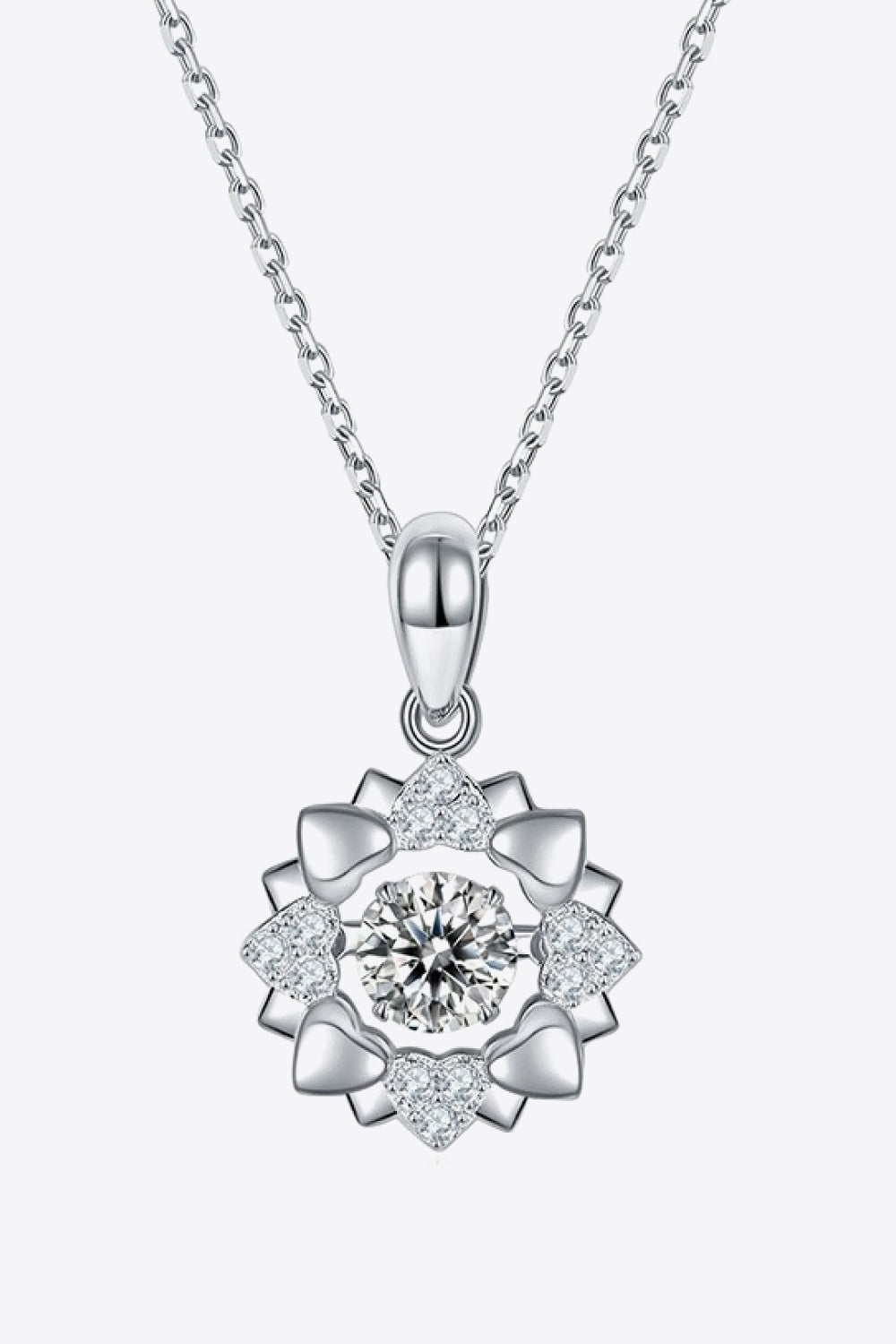 Silver flower-shaped moissanite pendant necklace with round center stone