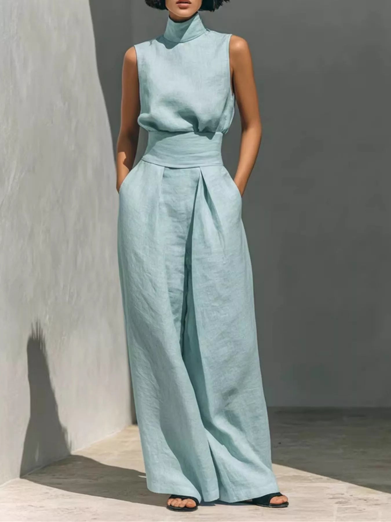 Sky blue sleeveless turtleneck top with front waist knot and wide-leg pants