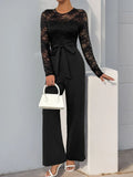 Black lace long-sleeve jumpsuit with round neck, belted waist, wide-leg pants