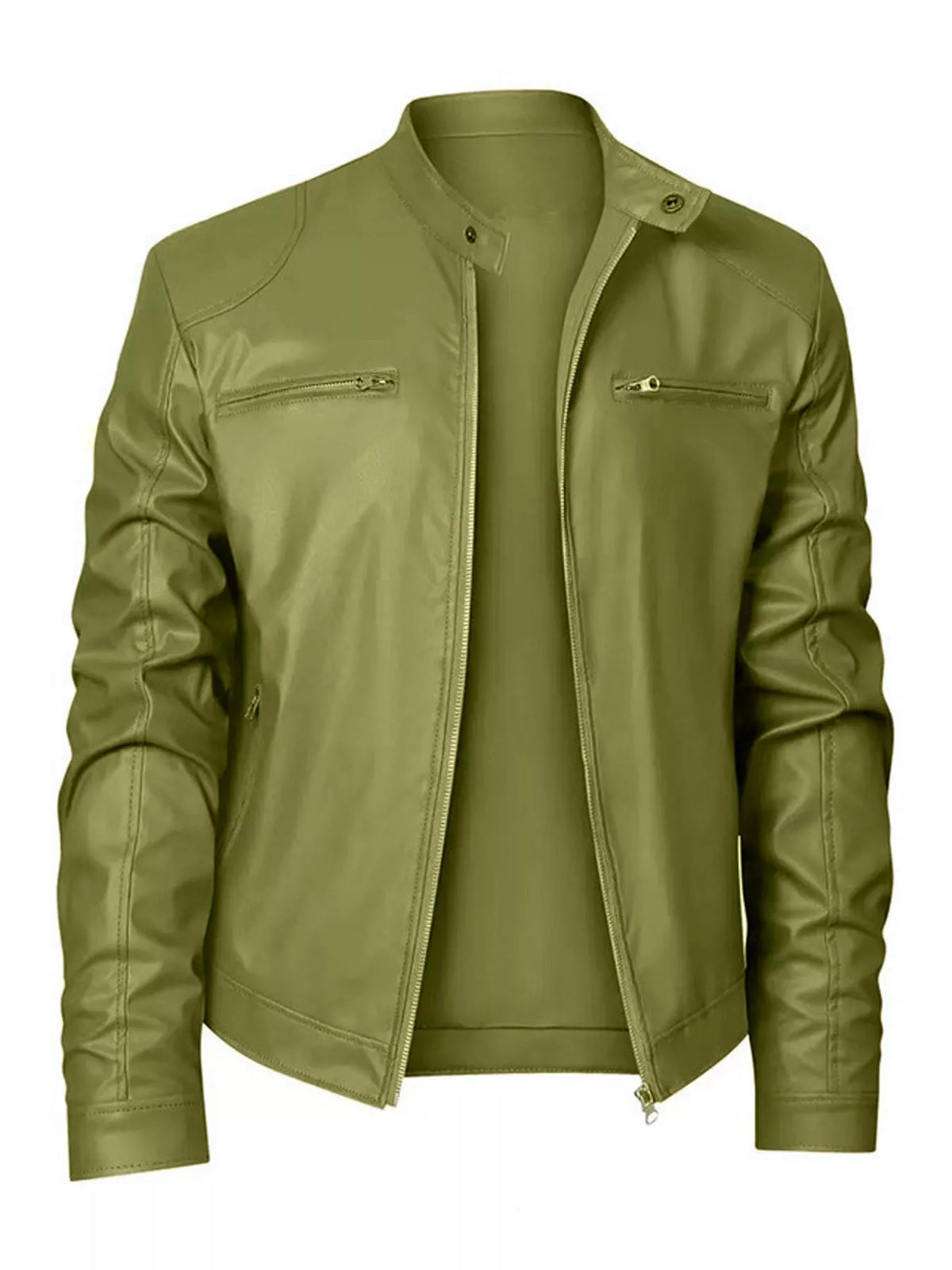 Men's zip-up vegan leather jacket, olive green, front zipper, chest pockets, stand collar