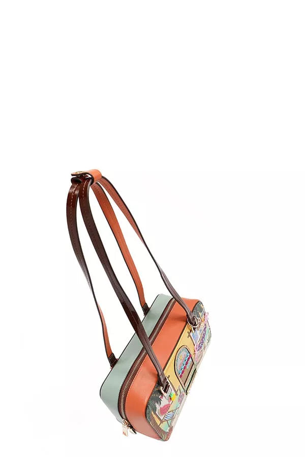 Beach-themed crossbody bag with brown shoulder strap and colorful front patch.