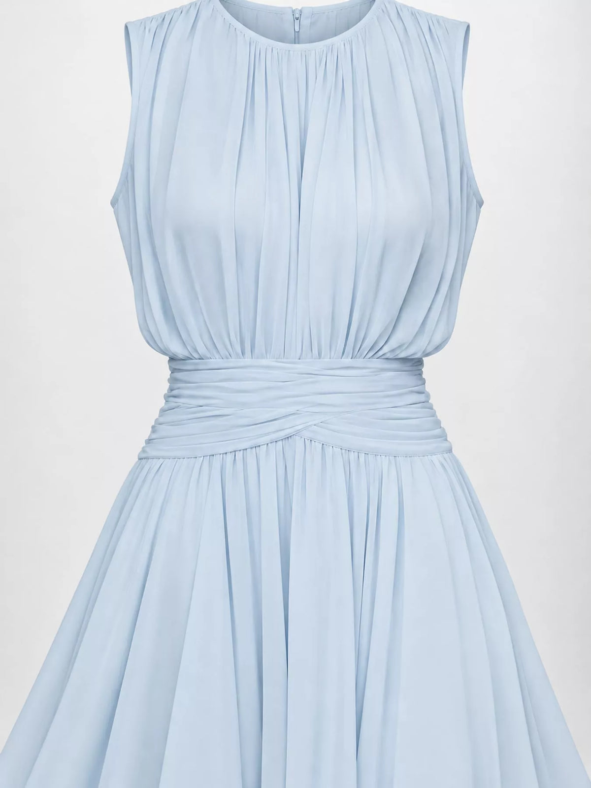 Light blue sleeveless chiffon maxi dress close-up of ruched waist and pleated bodice