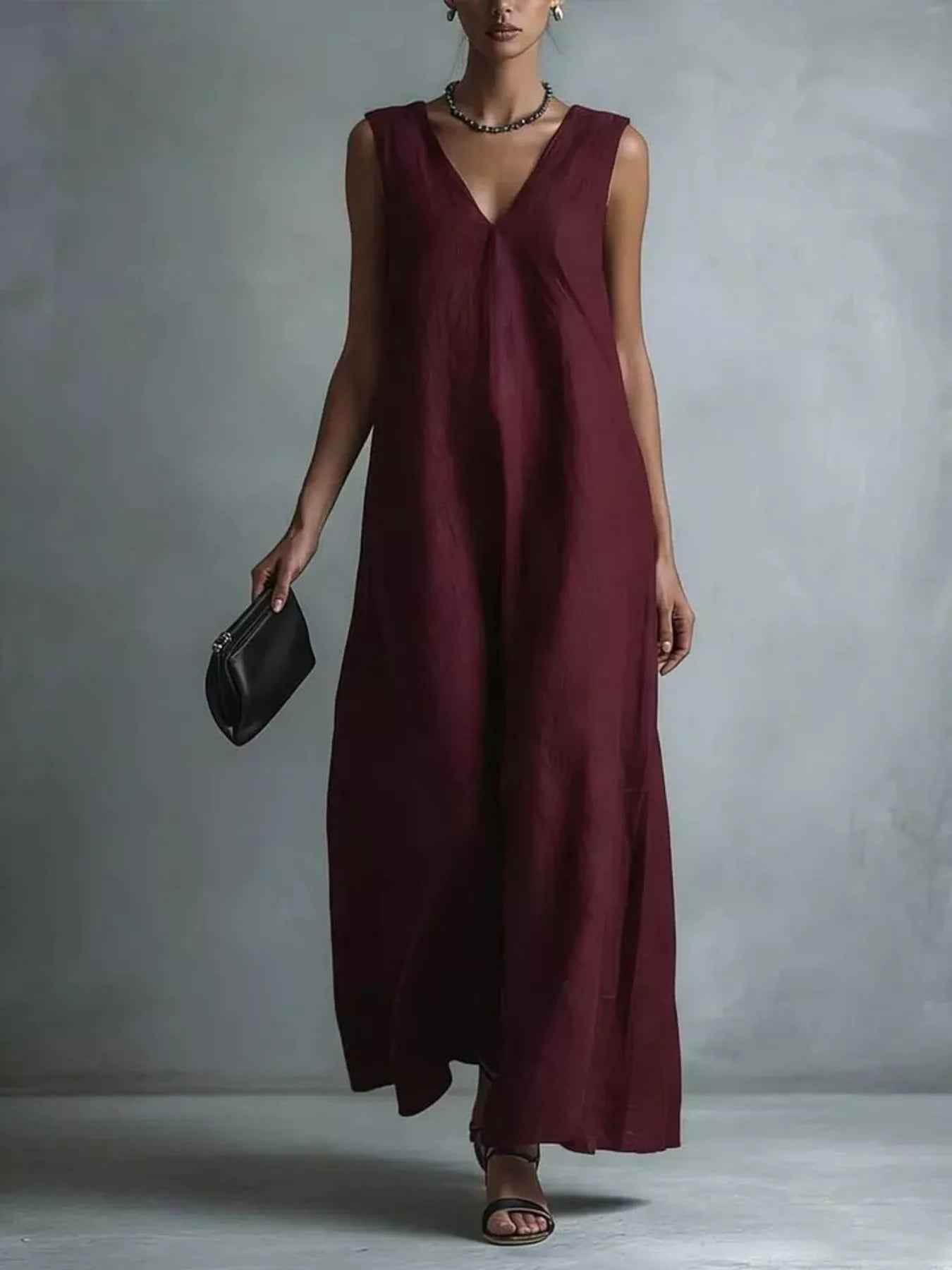 Burgundy V-neck sleeveless maxi dress, draped bodice, sleeveless